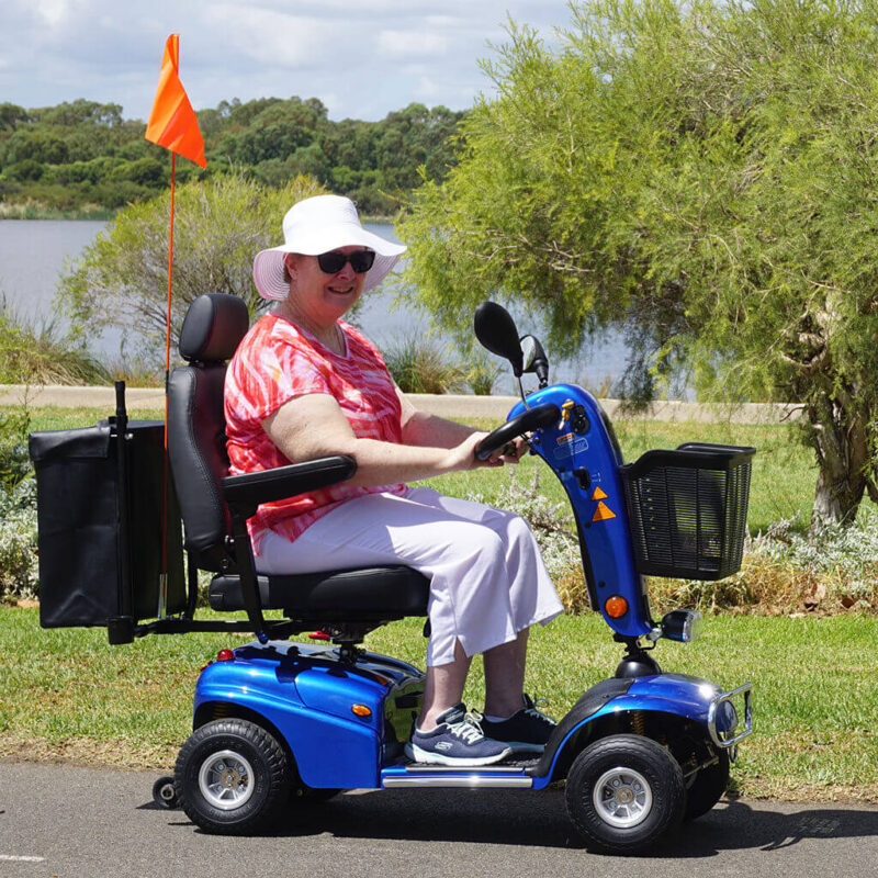 A woman on a mobility scooter